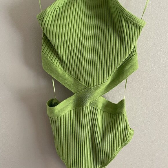 Zara Women S Green Ribbed Stretch Y2K Sleeveless Halter Neck Cutout Bodysuit NWT - Picture 4 of 16